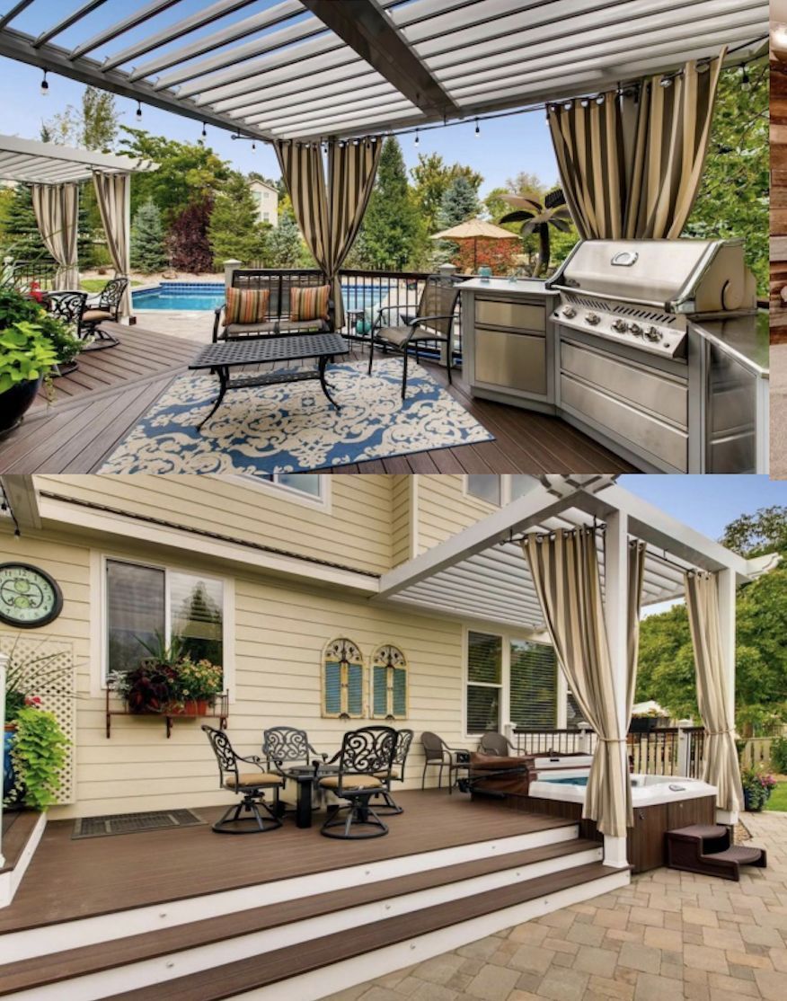 Two outdoor decks with pergolas; one with pool and grill, other with hot tub and table.
