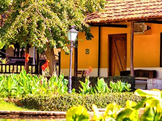 Prédio amarelo com uma porta de madeira, um poste de luz e um jardim verdejante.