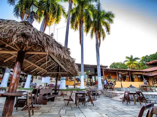 Pátio de restaurante ao ar livre com guarda-sóis de palha, mesas e cadeiras de madeira, palmeiras e um prédio ao fundo.