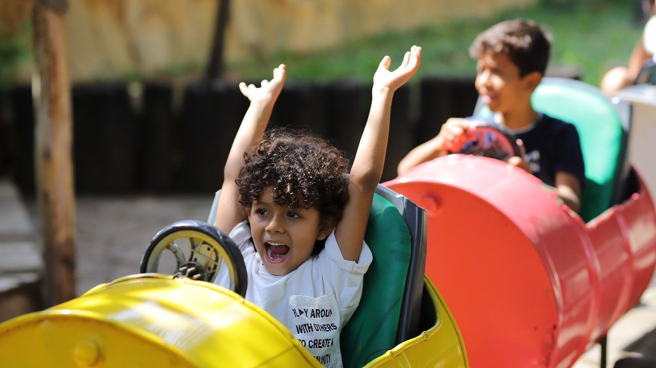 Um menino de cabelos cacheados levanta os braços, animado, em um brinquedo colorido. Outro menino sorri atrás dele.