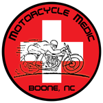 A red and white logo for Motorcycle Medic Boone NC