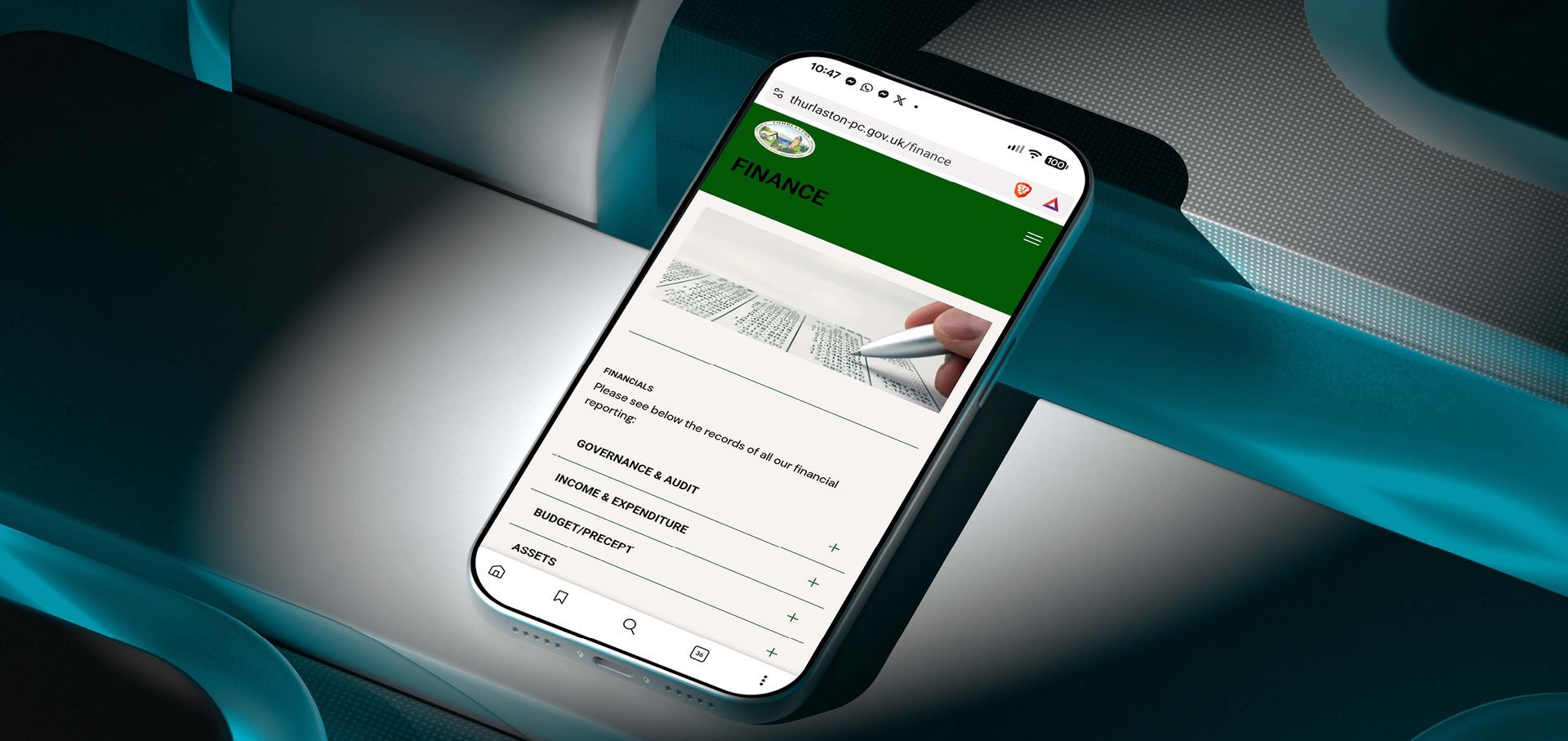 Thurlaston Parish Council Website finance page being displayed on an iPhone Pro