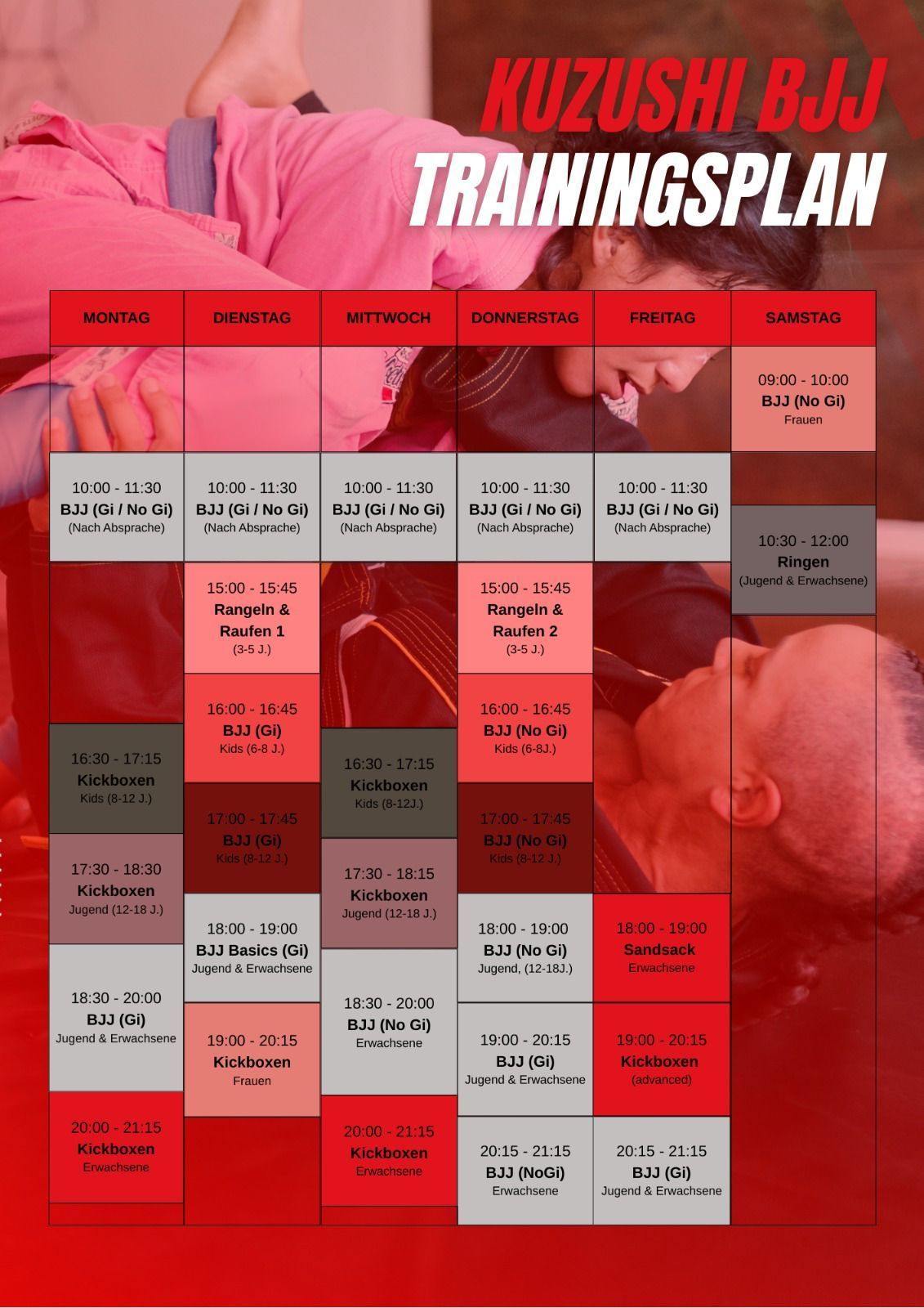 Trainingsplan für Kuzushi BJJ mit Zeitplan für jeden Wochentag; BJJ, Kickboxen, Ringen