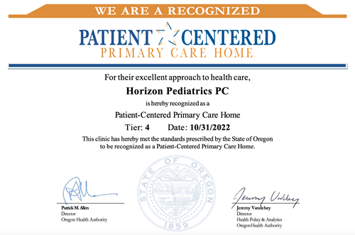 Certificate for Horizon Pediatrics PC, a Patient-Centered Primary Care Home. Awarded Tier 4 status on October 31, 2023.