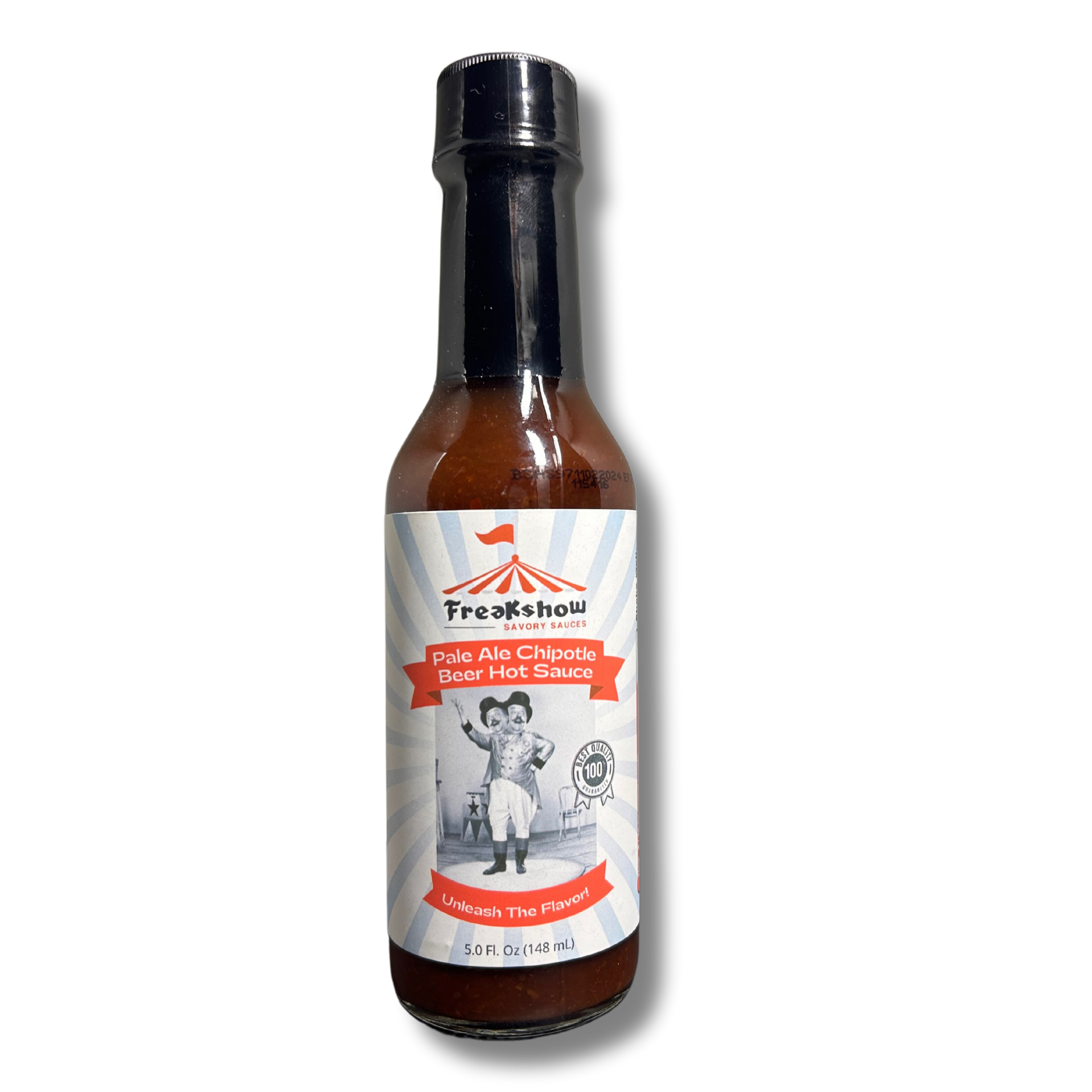 Freakshow Savory Sauces Pale Ale Chipotle Hot Sauce with mascot Bob Clarence