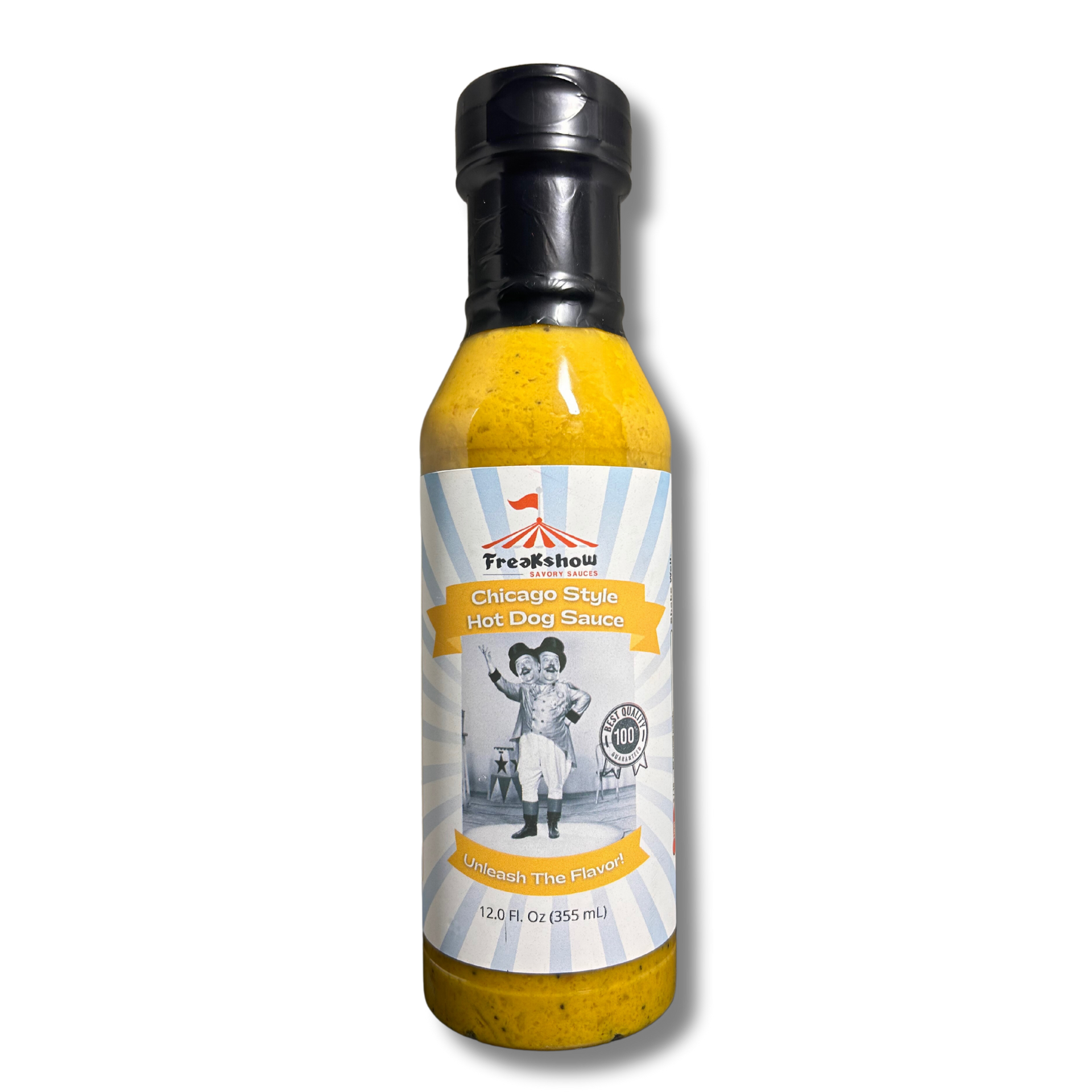 Freakshow Savory Sauces Chicago Hot Dog Sauce with mascot Bob Clarence