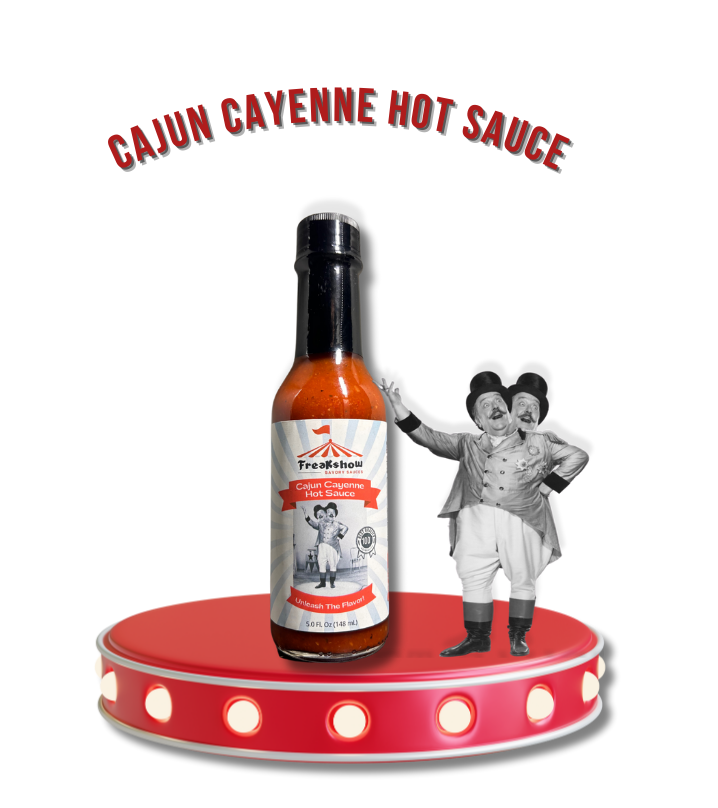 A bottle of cajun cayenne hot sauce is sitting on a red podium.