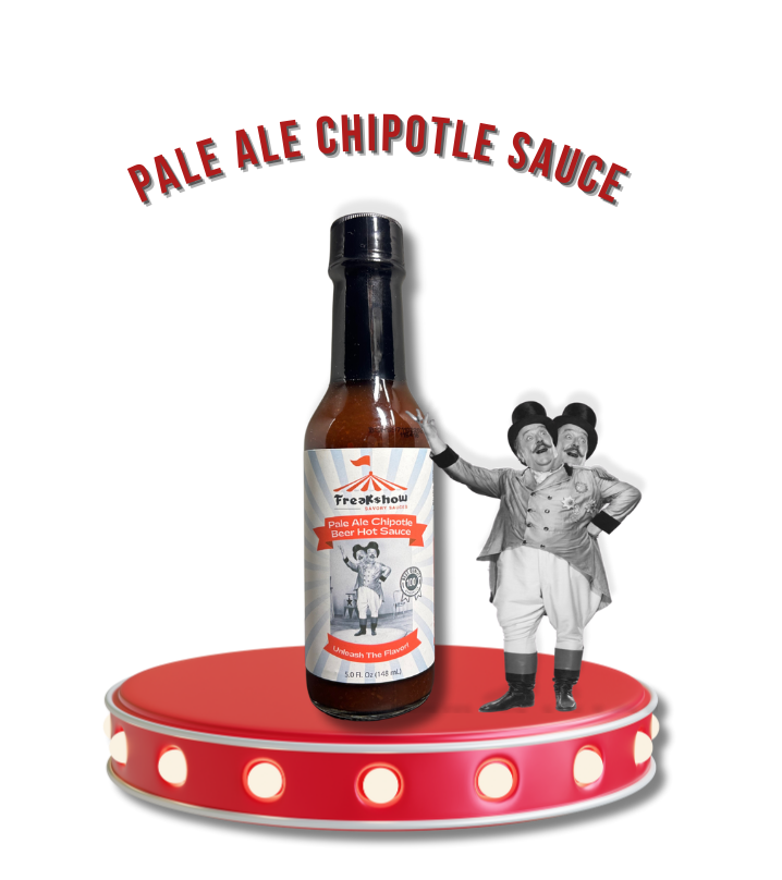 Freakshow Savory Sauces Pale Ale Chipotle Hot Sauce with mascot Bob Clarence