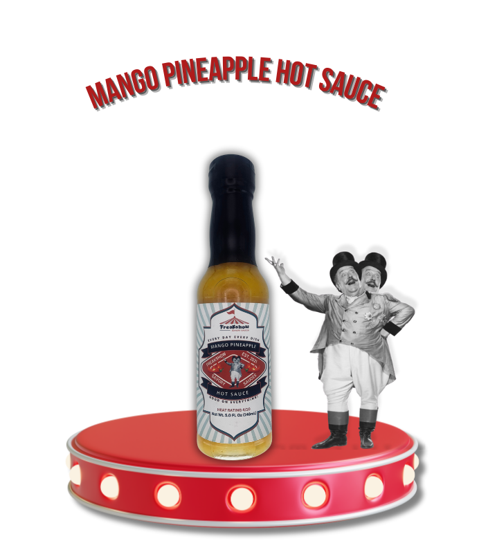 Freakshow Savory Sauces Mango Pineapple Hot Sauce with mascot Bob Clarence