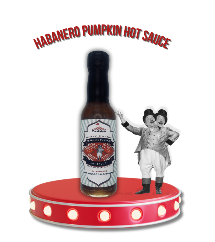 Freakshow Savory Sauces Habanero Pumpkin Hot Sauce with mascot Bob Clarence