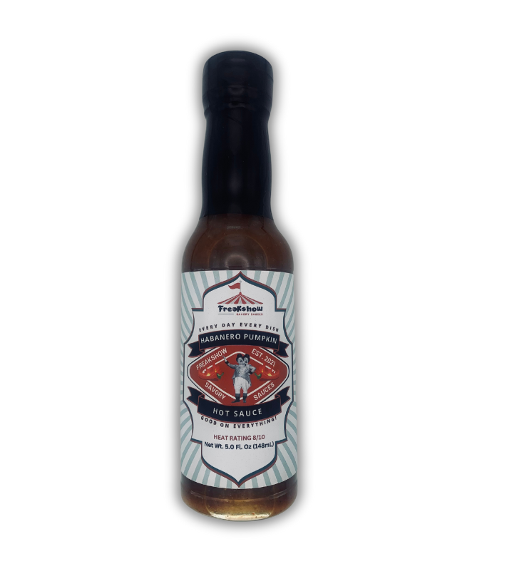 Freakshow Savory Sauces Habanero Pumpkin Hot Sauce with mascot Bob Clarence