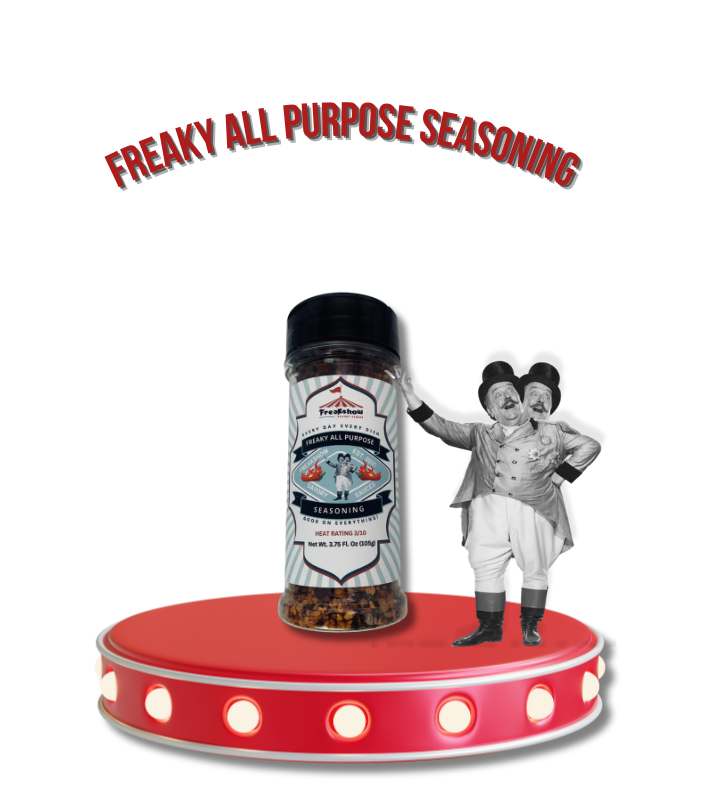 Freakshow Savory Sauces Freaky All Purpose Seasoning with mascot Bob Clarence