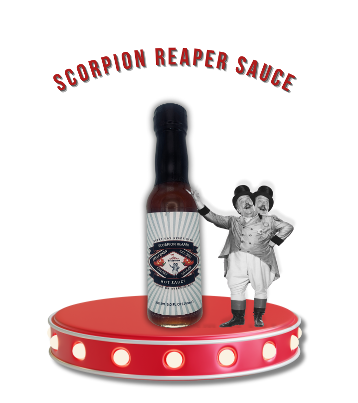 Freakshow Savory Sauces Scorpion Reaper Hot Sauce with mascot Bob Clarence