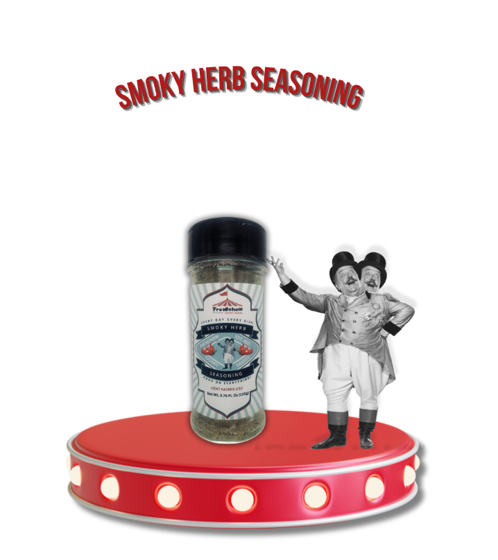 Freakshow Savory Sauces Smoky Herb Seasoning with mascot Bob Clarence