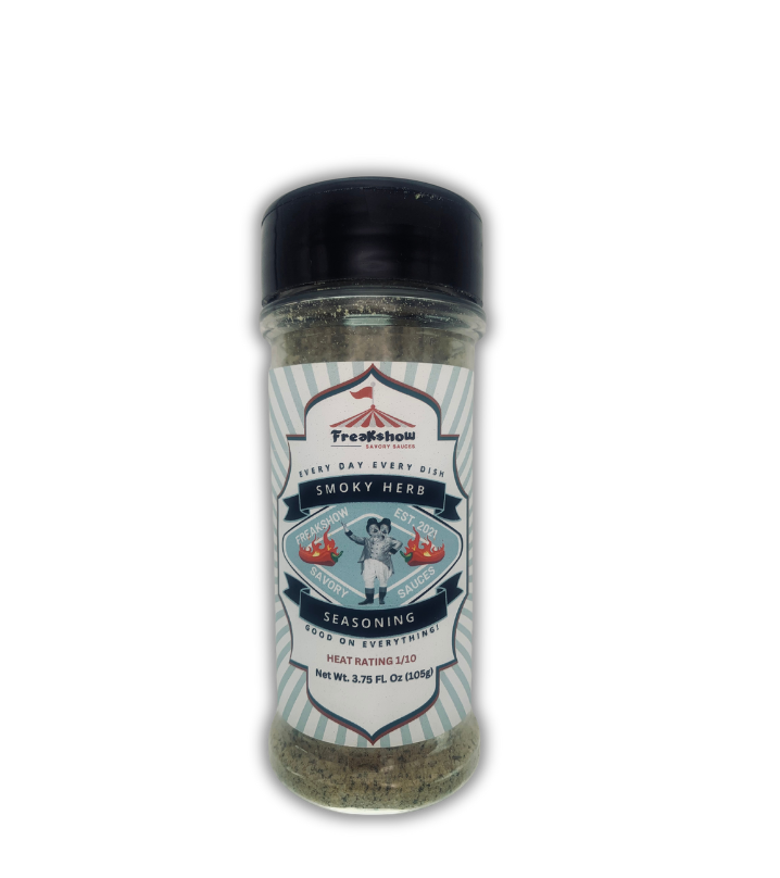 Freakshow Savory Sauces Smoky Herb Seasoning with mascot Bob Clarence