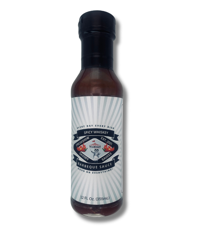 Freakshow Savory Sauces Spicy Whiskey Barbeque Sauce with mascot Bob Clarence