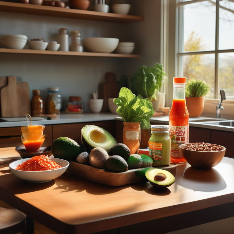 A bottle of salsa sits on a table in a kitchen