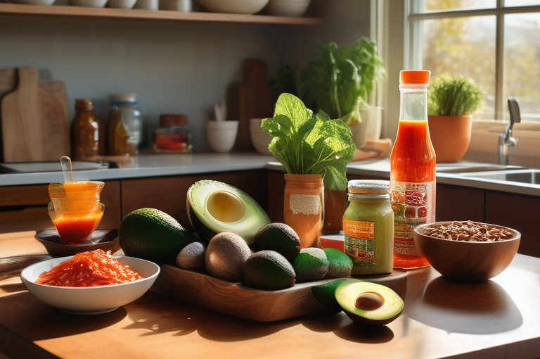 A kitchen counter with a bowl of avocados and a bottle of hot sauce.