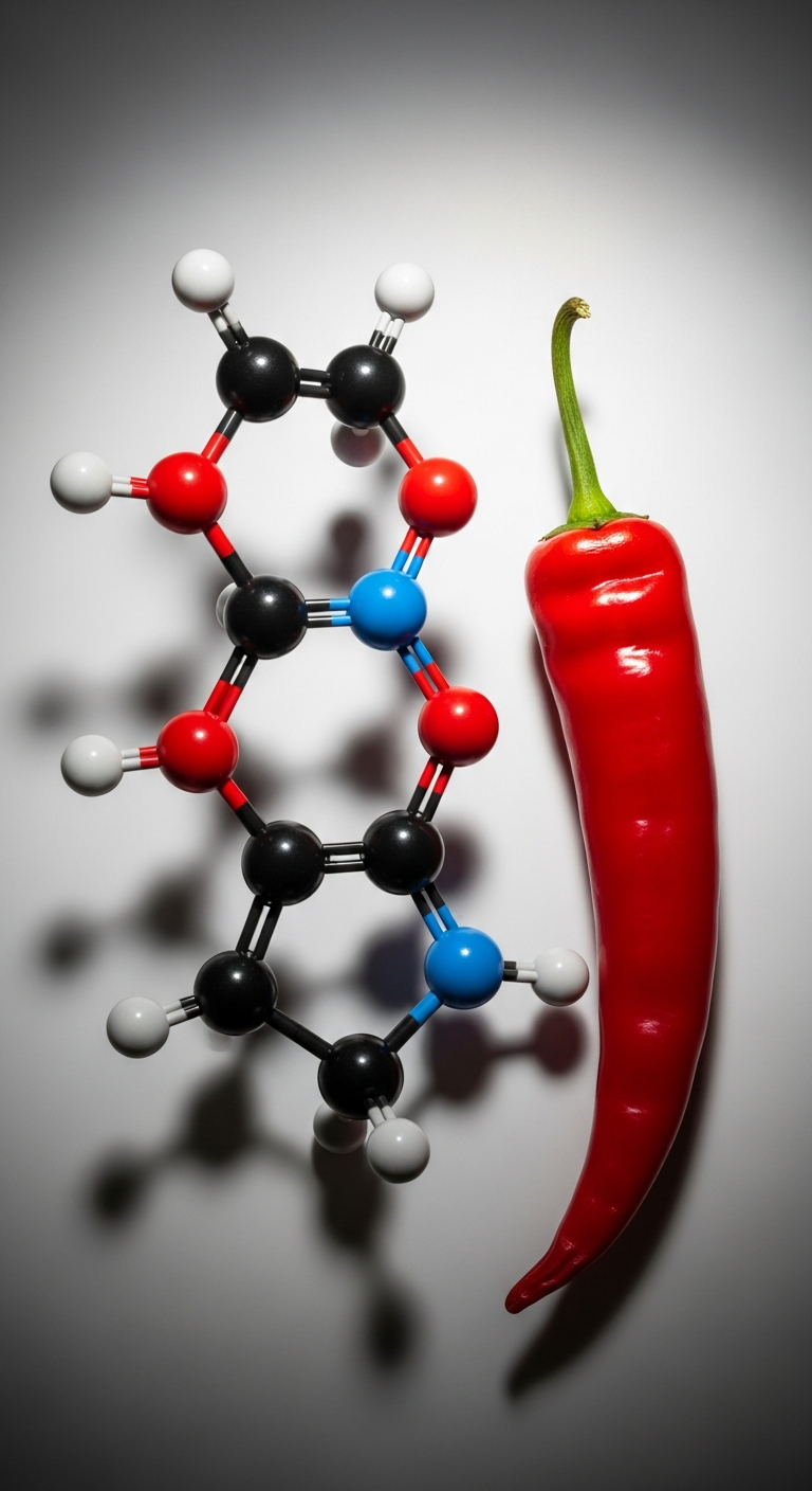 Molecular model of capsaicin next to a red chili pepper.