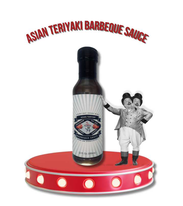 A bottle of asian teriyaki barbeque sauce on a red podium