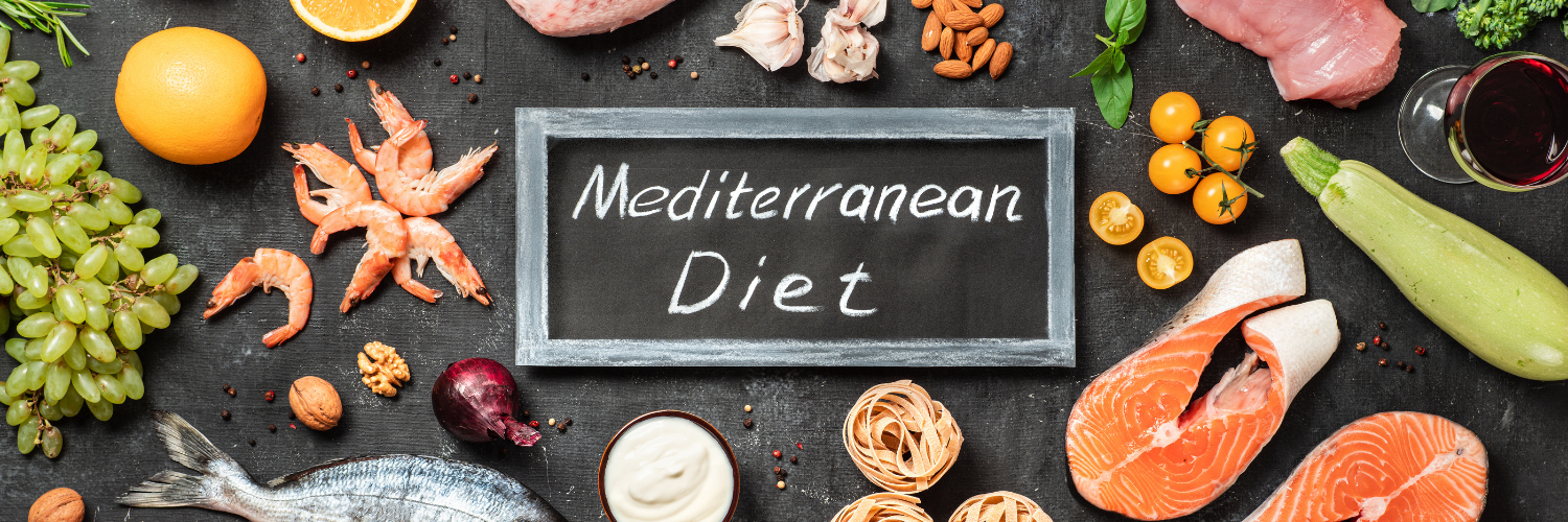 There is a sign that says mediterranean diet surrounded by fruits and vegetables.