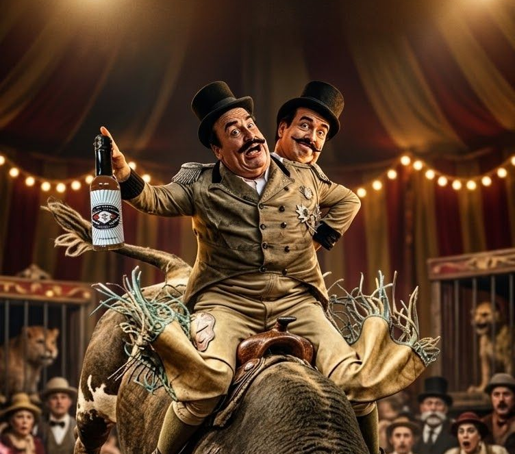 Two moustached men in top hats ride a bucking bull in a circus arena, one holding a bottle.