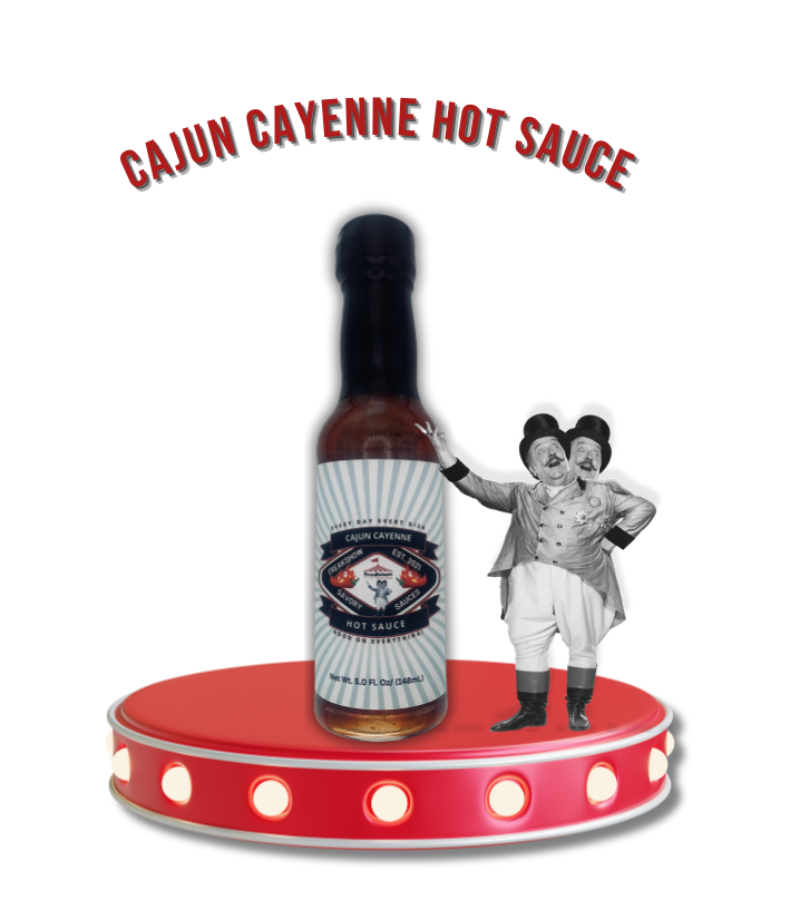 a bottle of cajun cayenne hot sauce with Freakshow Savory Sauces mascot Bob Clarence standing next to it