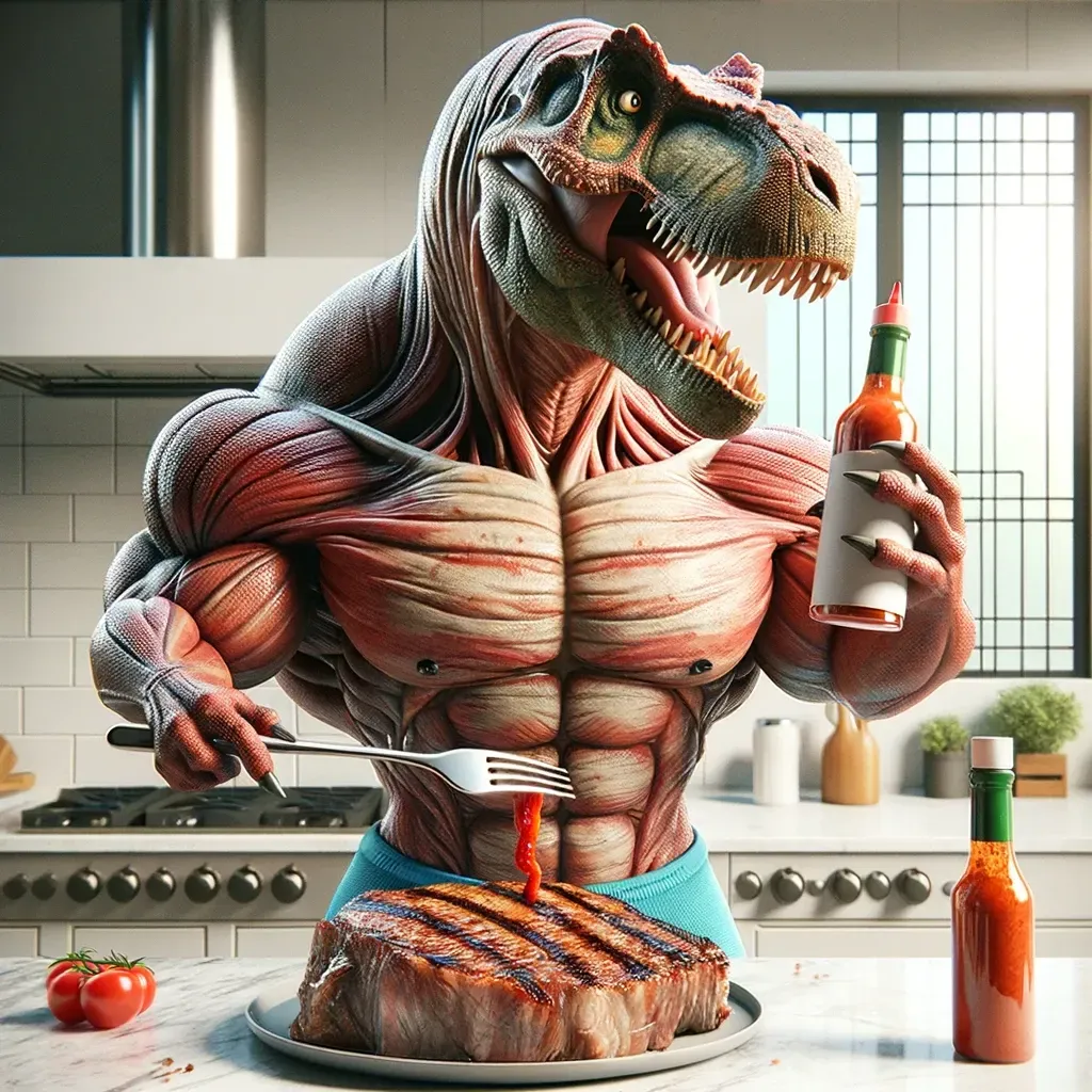 a t-rex is holding a fork and a bottle of hot sauce while eating a steak . a t-rex is holding a fork and a bottle of hot sauce while eating a steak .