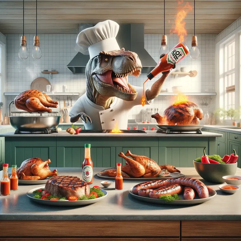 a t-rex is pouring ketchup on a chicken in a kitchen . a t-rex is pouring ketchup on a chicken in a kitchen .