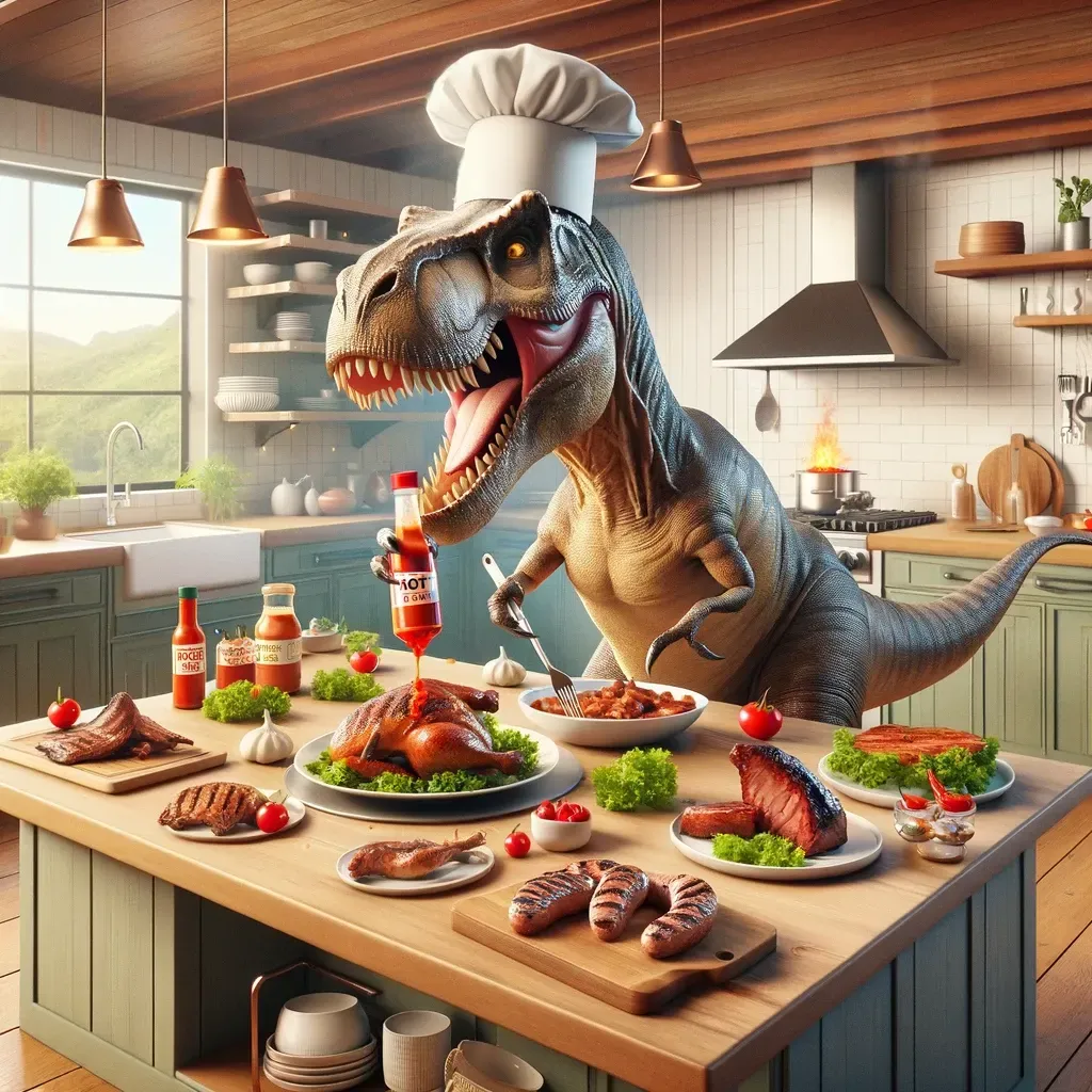 a t-rex wearing a chef 's hat is cooking in a kitchen . a t-rex wearing a chef 's hat is cooking in a kitchen .