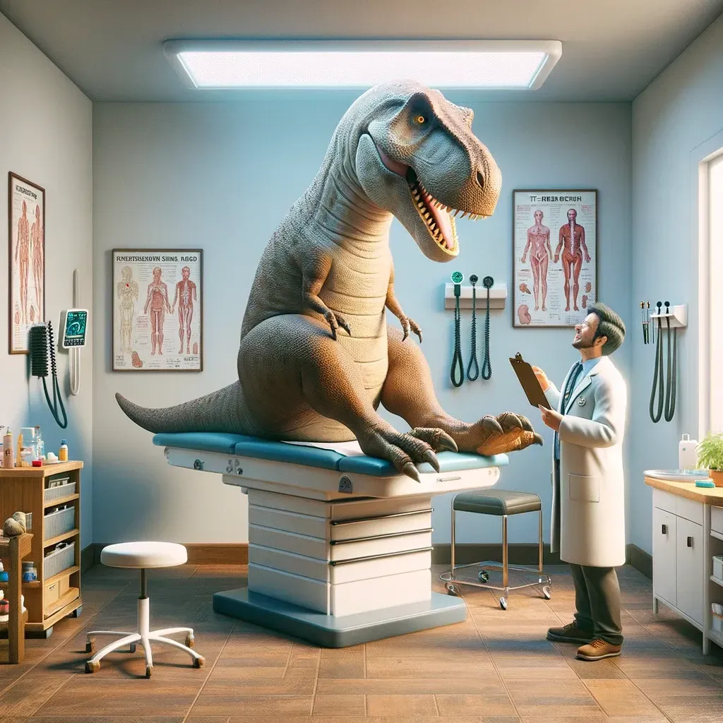 a t-rex is sitting on an operating table in a doctor 's office a t-rex is sitting on an operating table in a doctor 's office