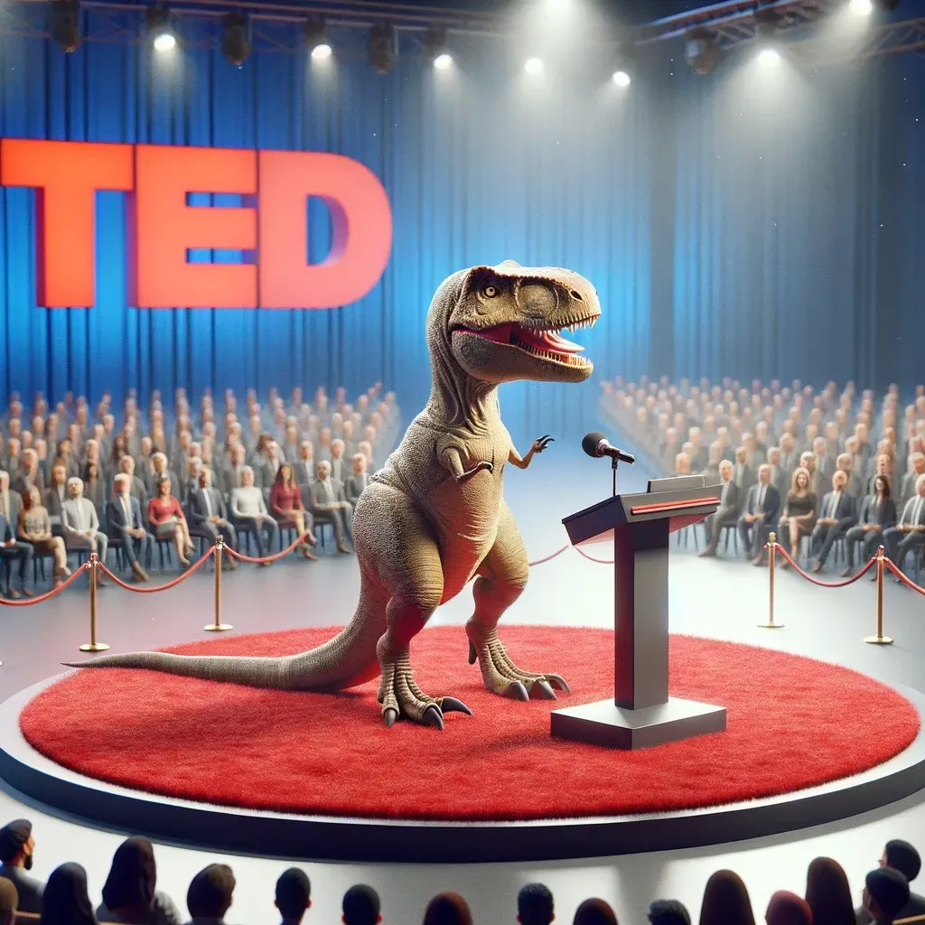 a t-rex is giving a speech at a ted talk a t-rex is giving a speech at a ted talk