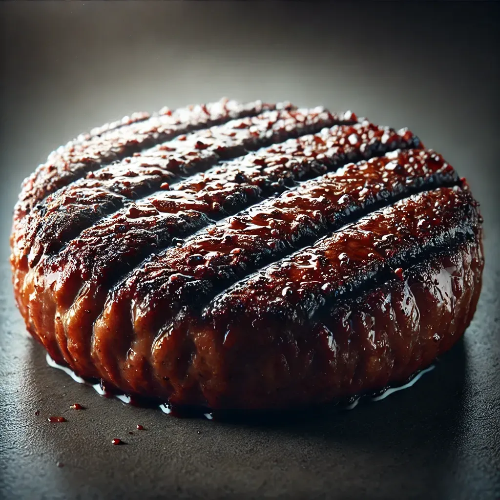 A close up of a hamburger patty on a pan A close up of a hamburger patty on a pan