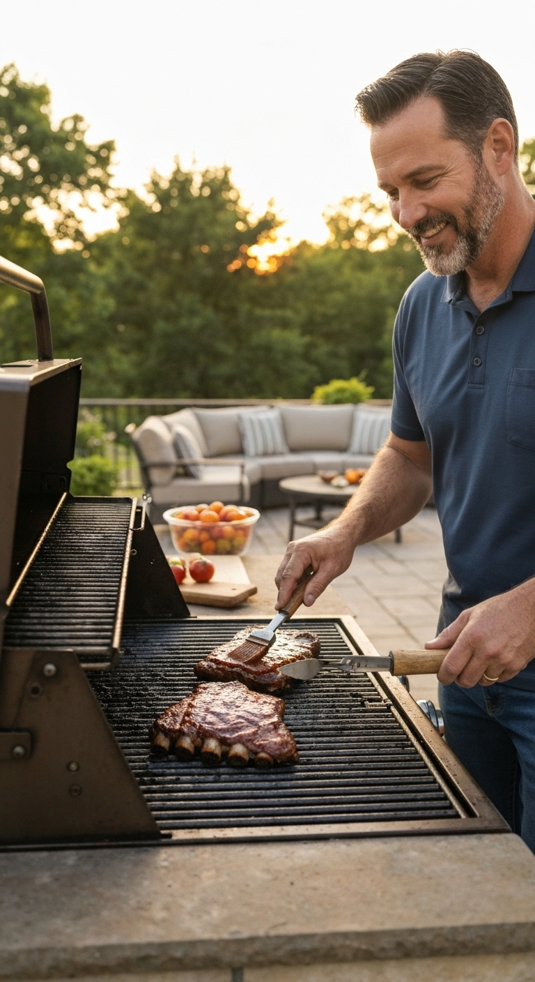 Man grilling ribs on patio at sunset, smiling.