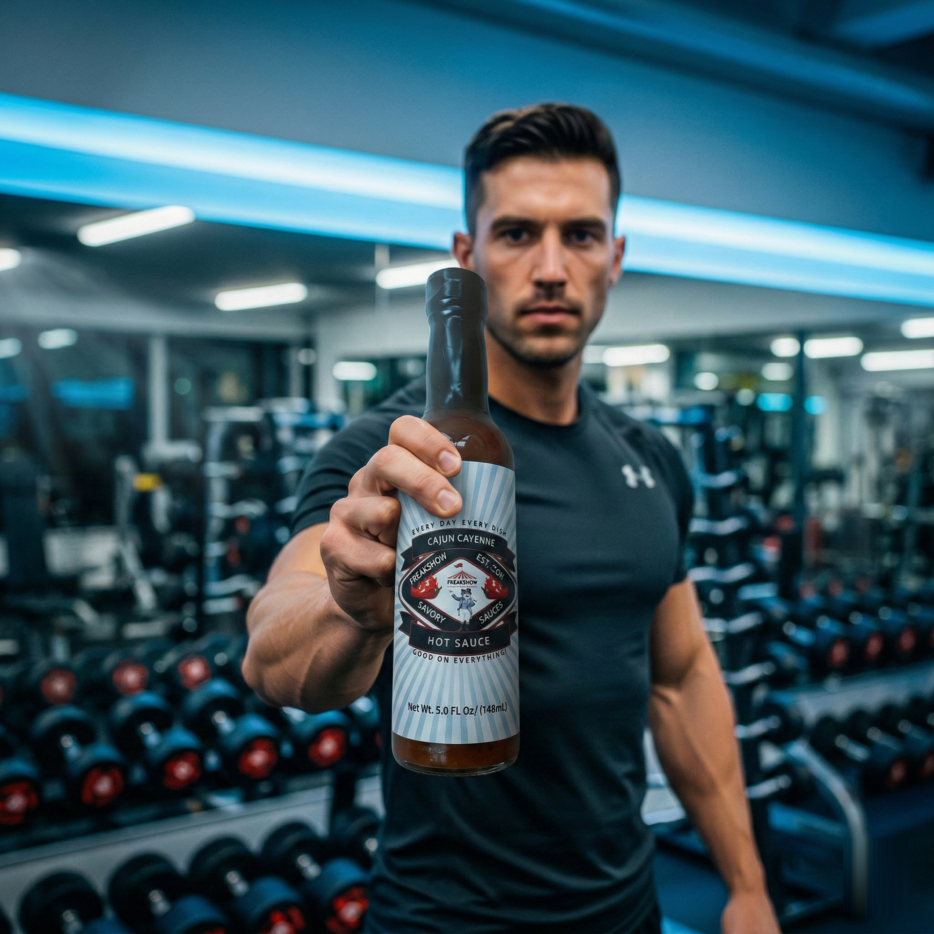 Man in gym holds up hot sauce bottle.