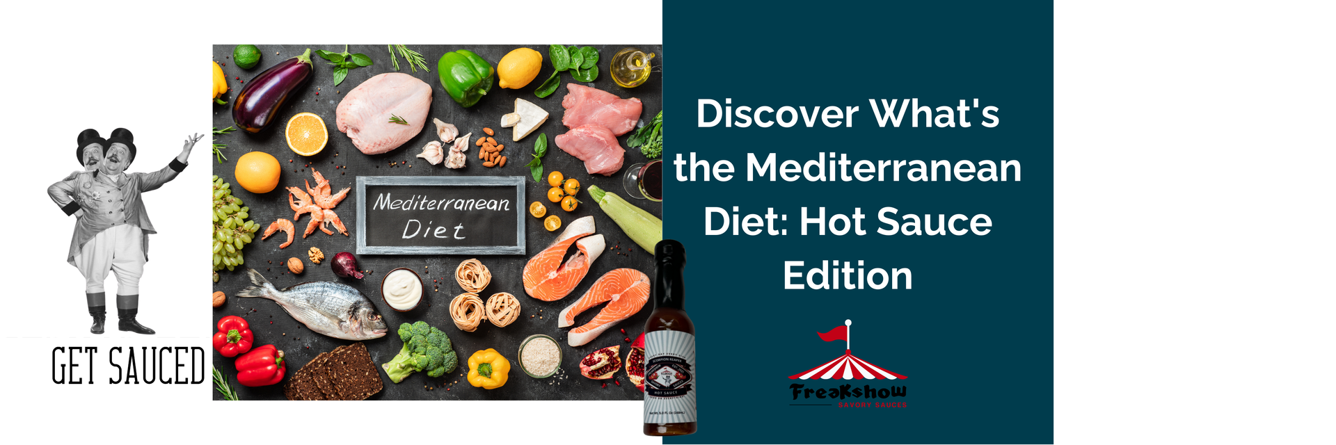 There is a sign that says mediterranean diet surrounded by fruits and vegetables.