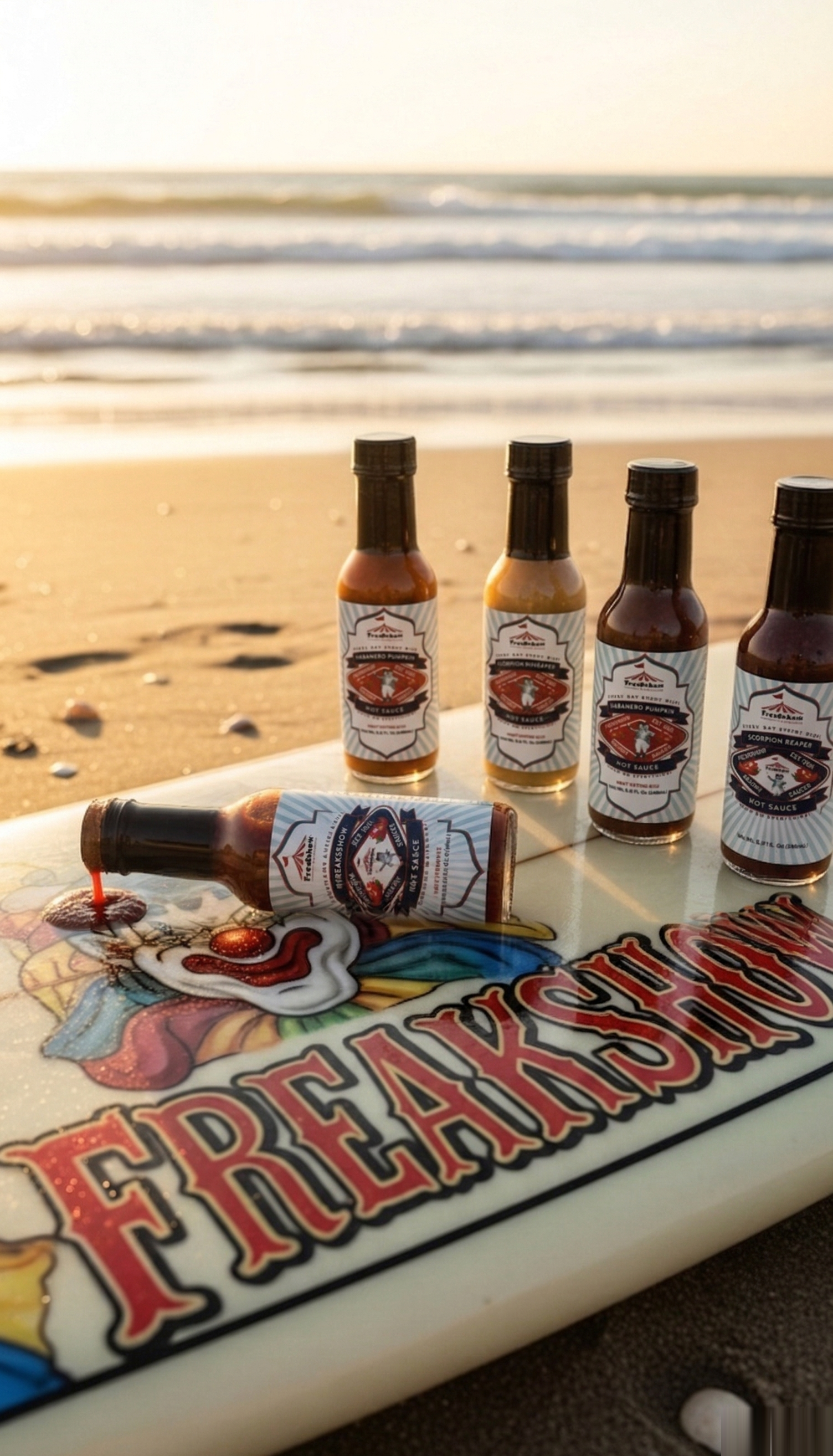 Five bottles of Freakshow hot sauce stand on a surfboard at the beach, with one bottle lying on its side.