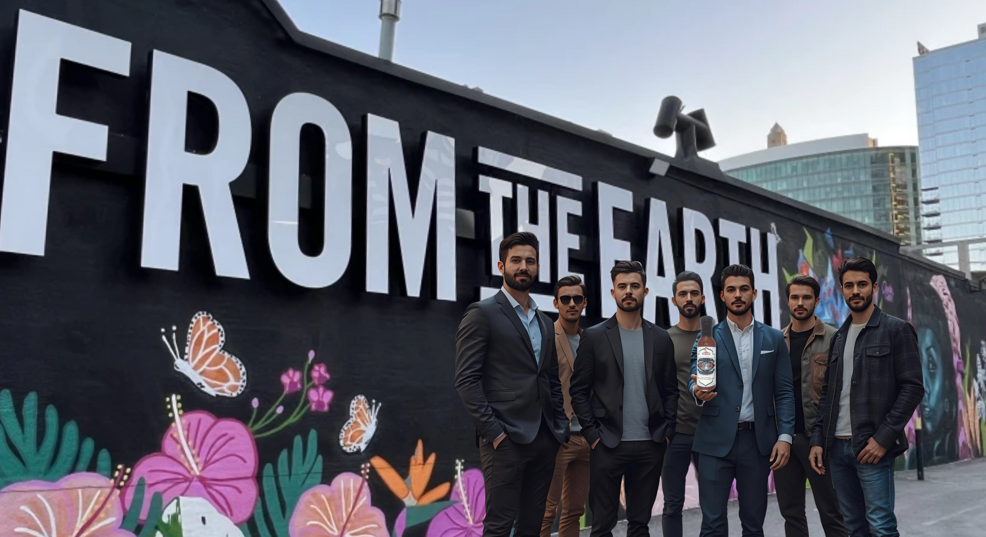 Group of men pose in front of a wall that says "FROM THE EARTH," with a colorful mural.