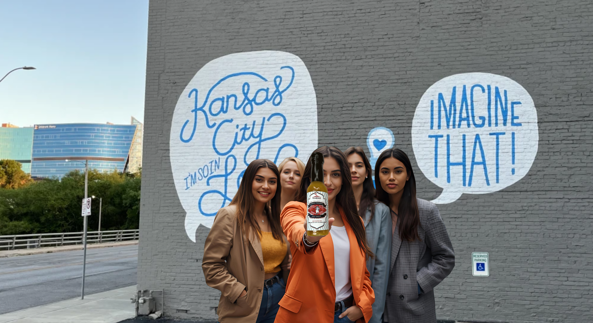 Five women pose with a product in front of a Kansas City mural.