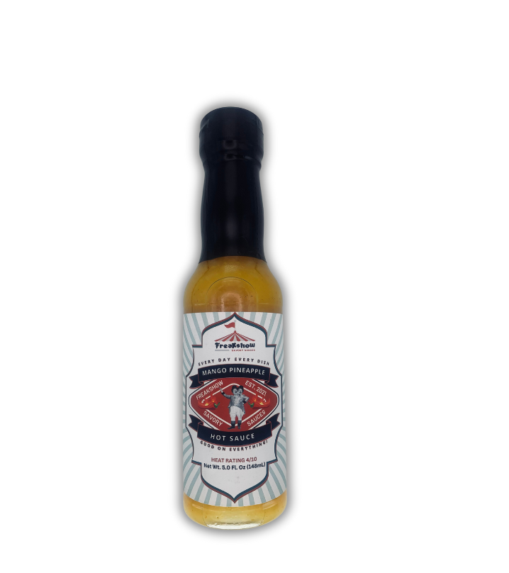 Freakshow Savory Sauces Mango Pineapple Hot Sauce with mascot Bob Clarence