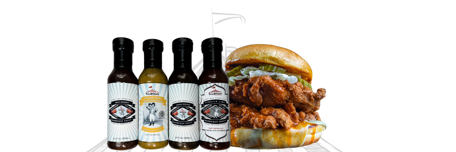 A chicken sandwich is sitting next to a row of bottles of hot sauce.