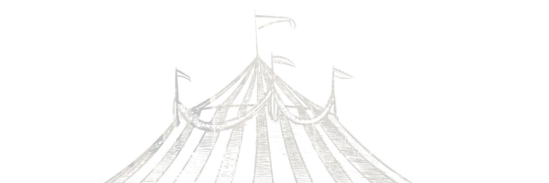 A black and white drawing of a circus tent with flags on top.