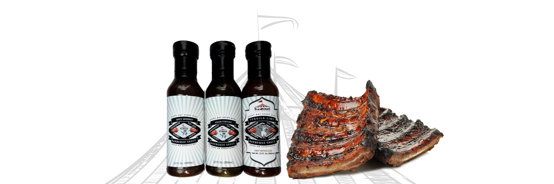 Three bottles of sauce next to cooked ribs, against a white background.