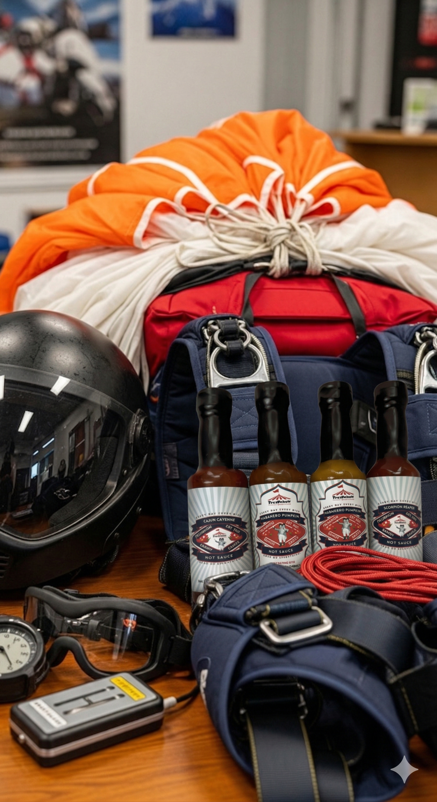 Parachute gear, a helmet, goggles, and four bottles of hot sauce are arranged on a wooden surface.