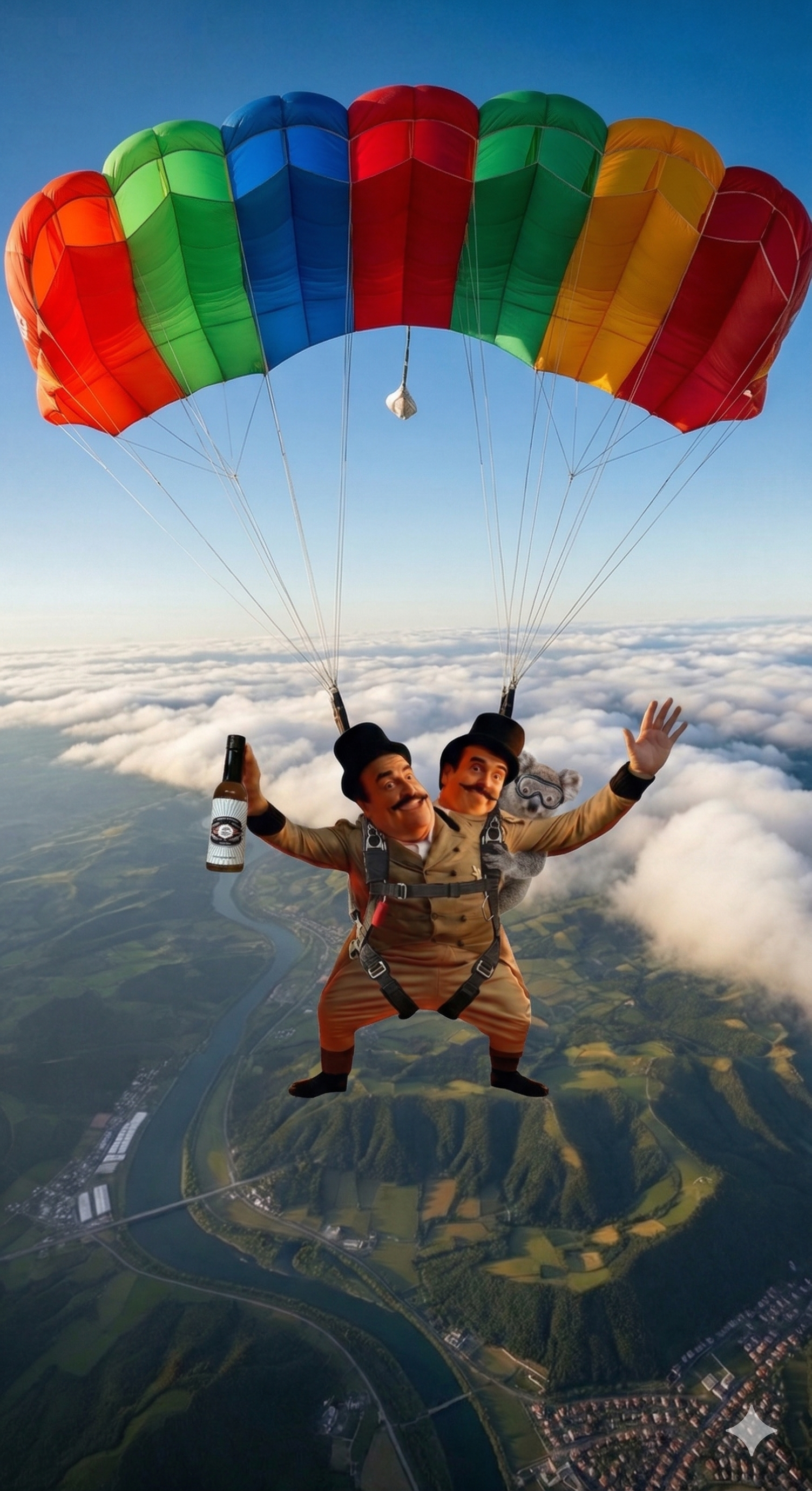 A two-headed figure in a tan suit and top hats skydives under a rainbow parachute, holding a bottle over a landscape.