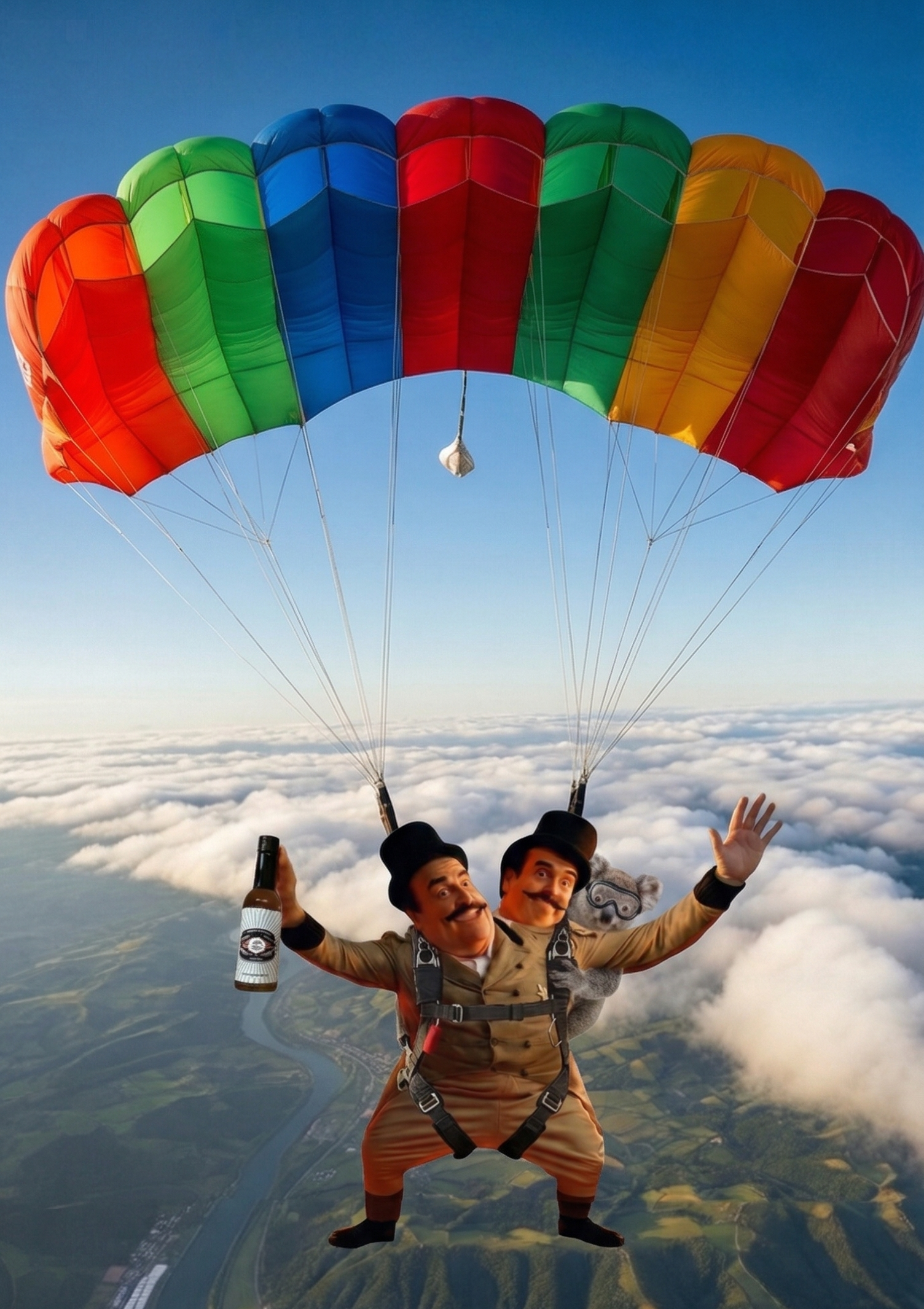 A two-headed man in a tan suit and top hat skydives with a colorful parachute while holding a bottle.