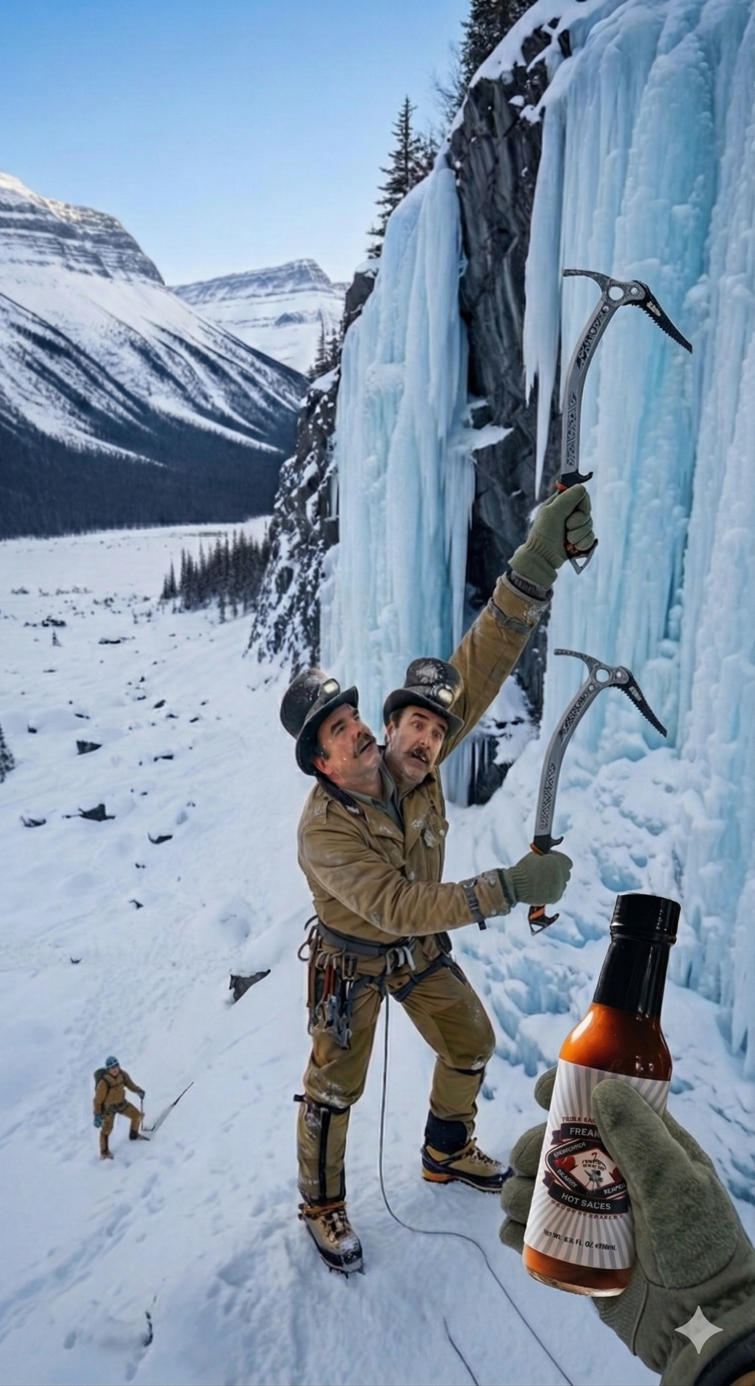 A person with two heads climbs a frozen waterfall while holding a hot sauce bottle in the foreground.