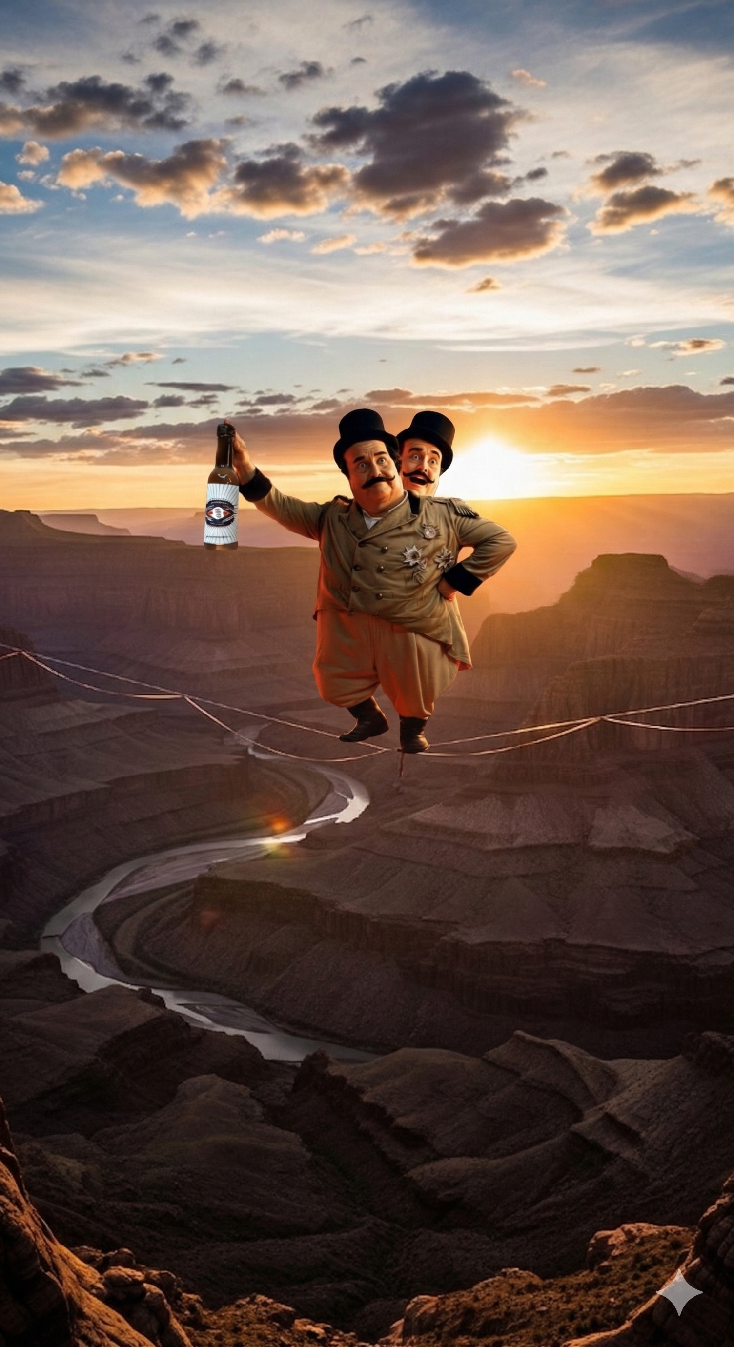 Two men in top hats and formal attire hover over the Grand Canyon at sunset, one holding a bottle.