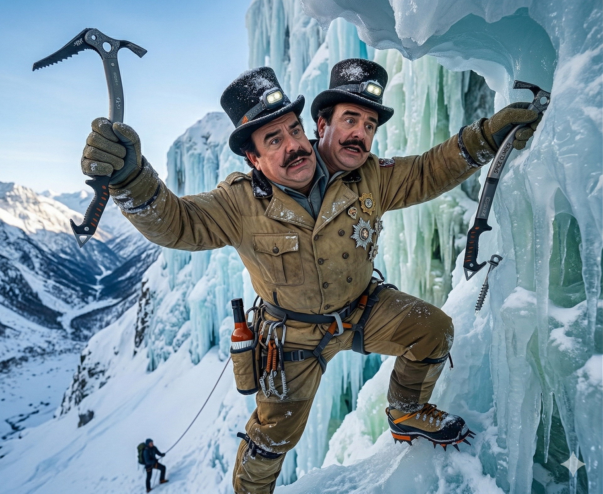 A two-headed man in Victorian-style climbing gear ascends an icy cliff face with ice axes in a snowy mountain landscape.