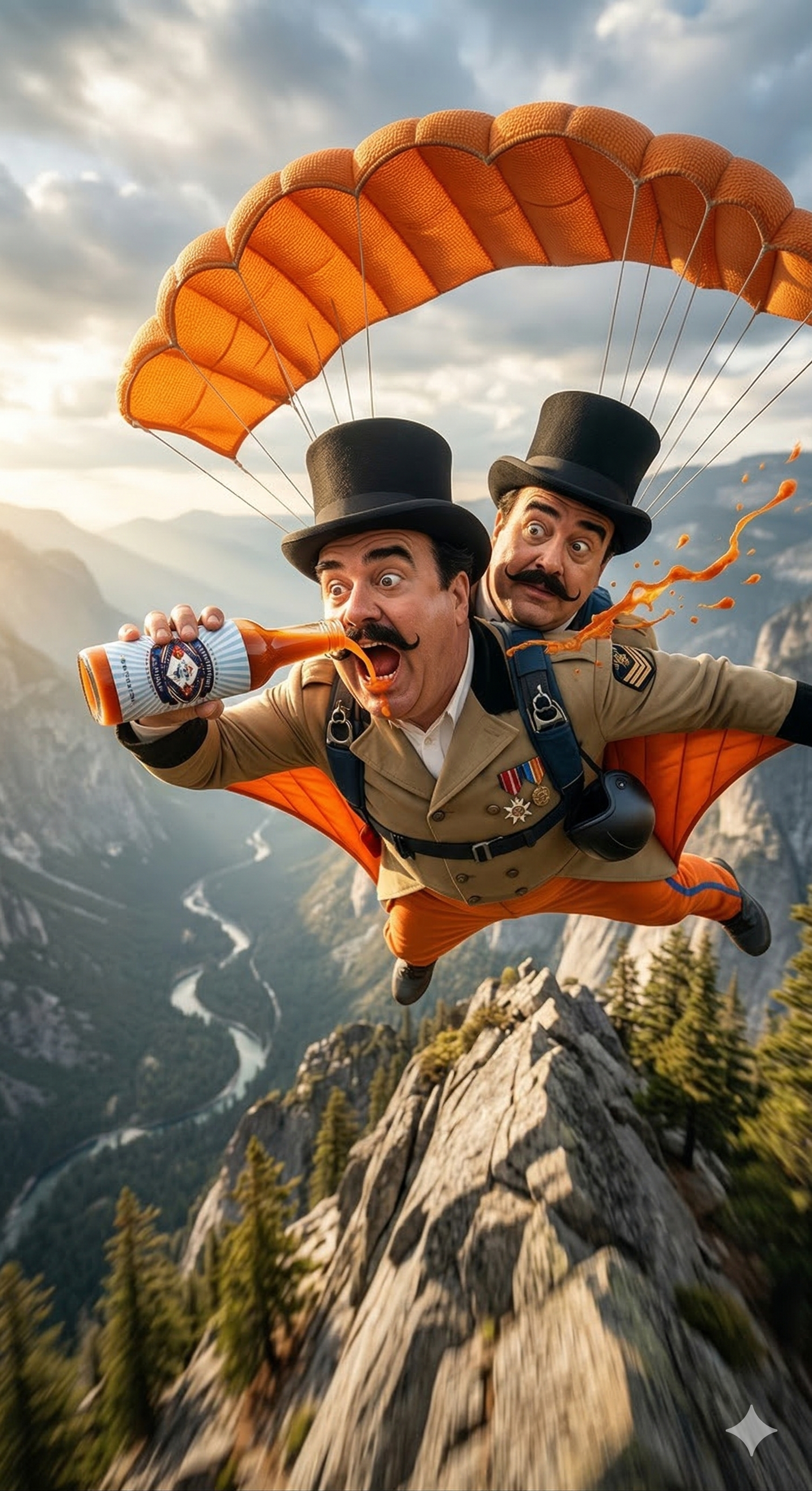 Two people in top hats and flight suits skydive over a mountain valley while drinking from a bottle of hot sauce.
